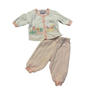 Kidlooks Vintage Baby Girls 2PC Outfit Train Animal Embroidery Pink White 3/6M